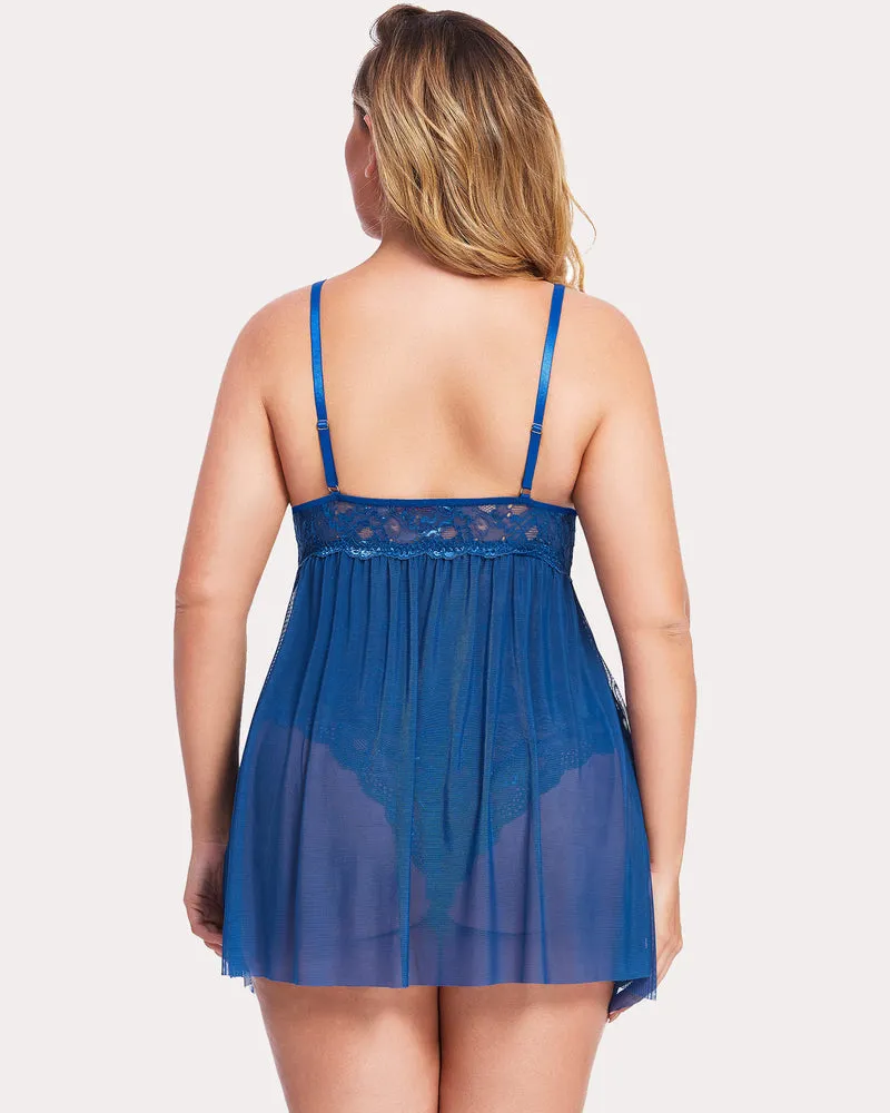 Plus Size Snap Crotch V Neck Lace Nighty