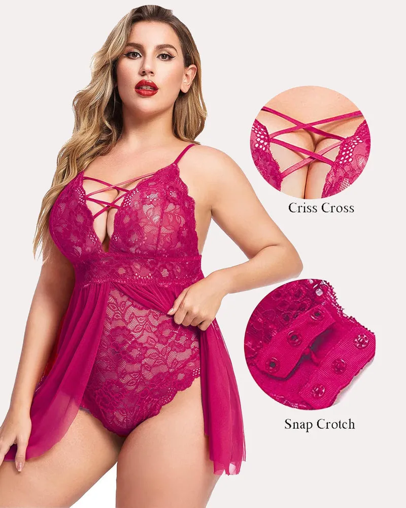 Plus Size Snap Crotch V Neck Lace Nighty