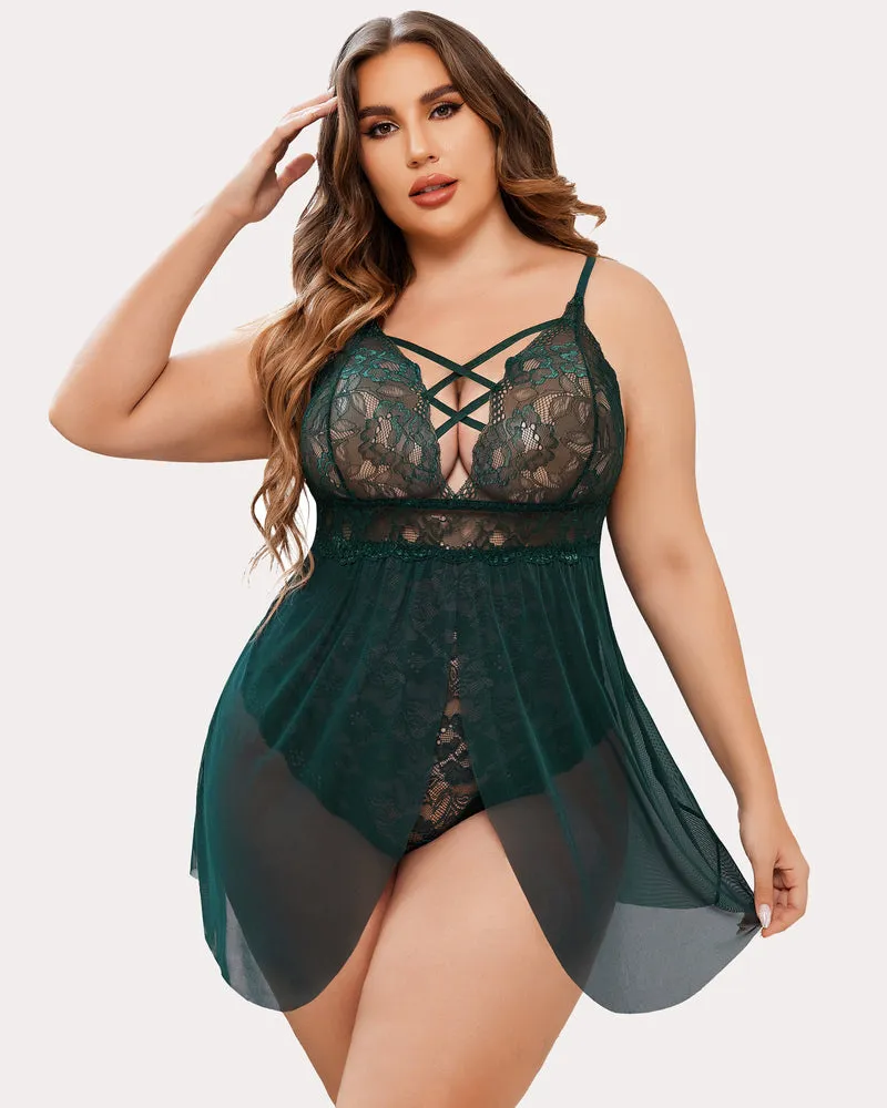 Plus Size Snap Crotch V Neck Lace Nighty