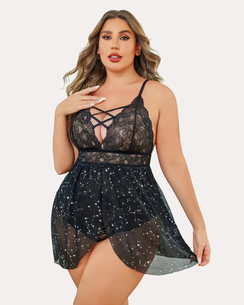 Plus Size Snap Crotch V Neck Lace Nighty