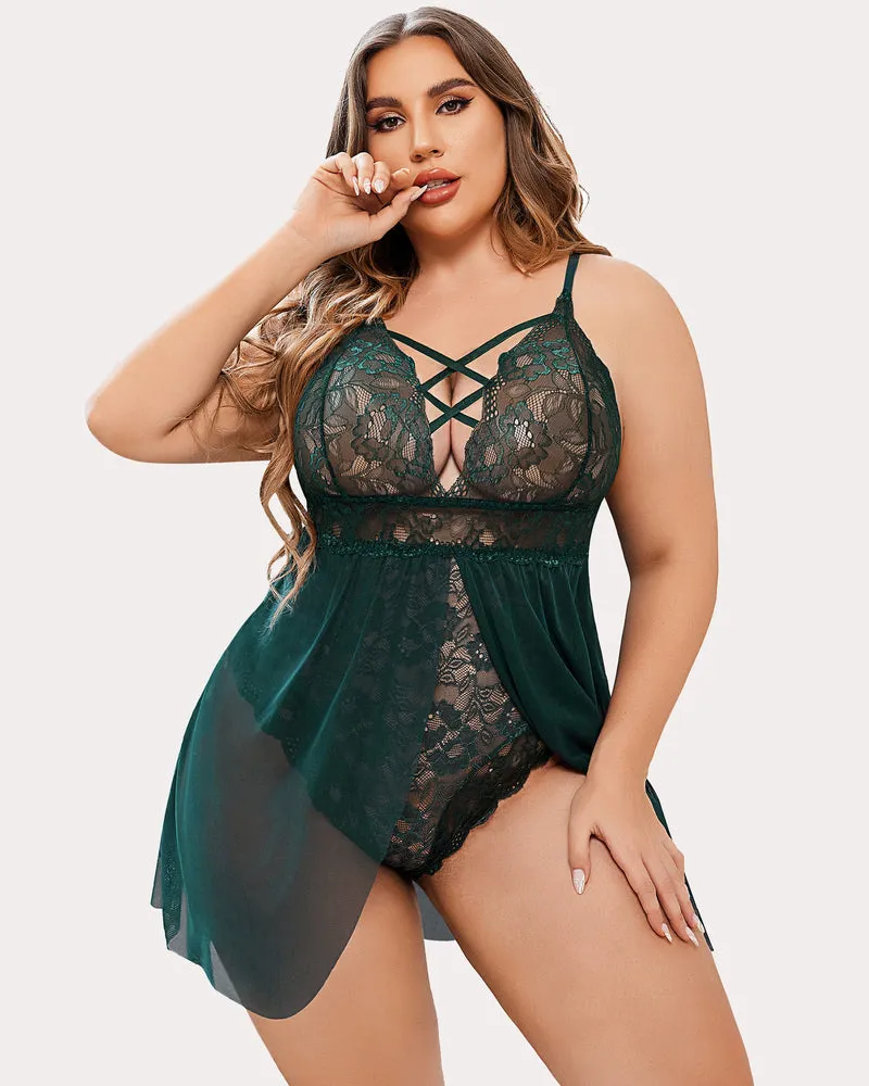 Plus Size Snap Crotch V Neck Lace Nighty