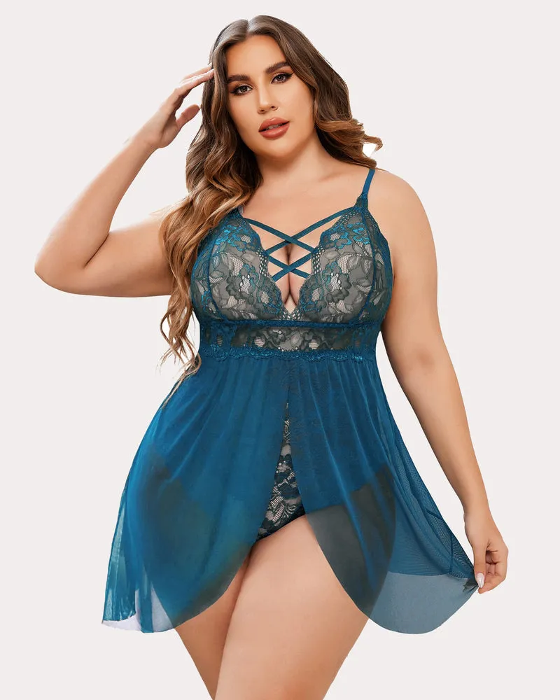 Plus Size Snap Crotch V Neck Lace Nighty