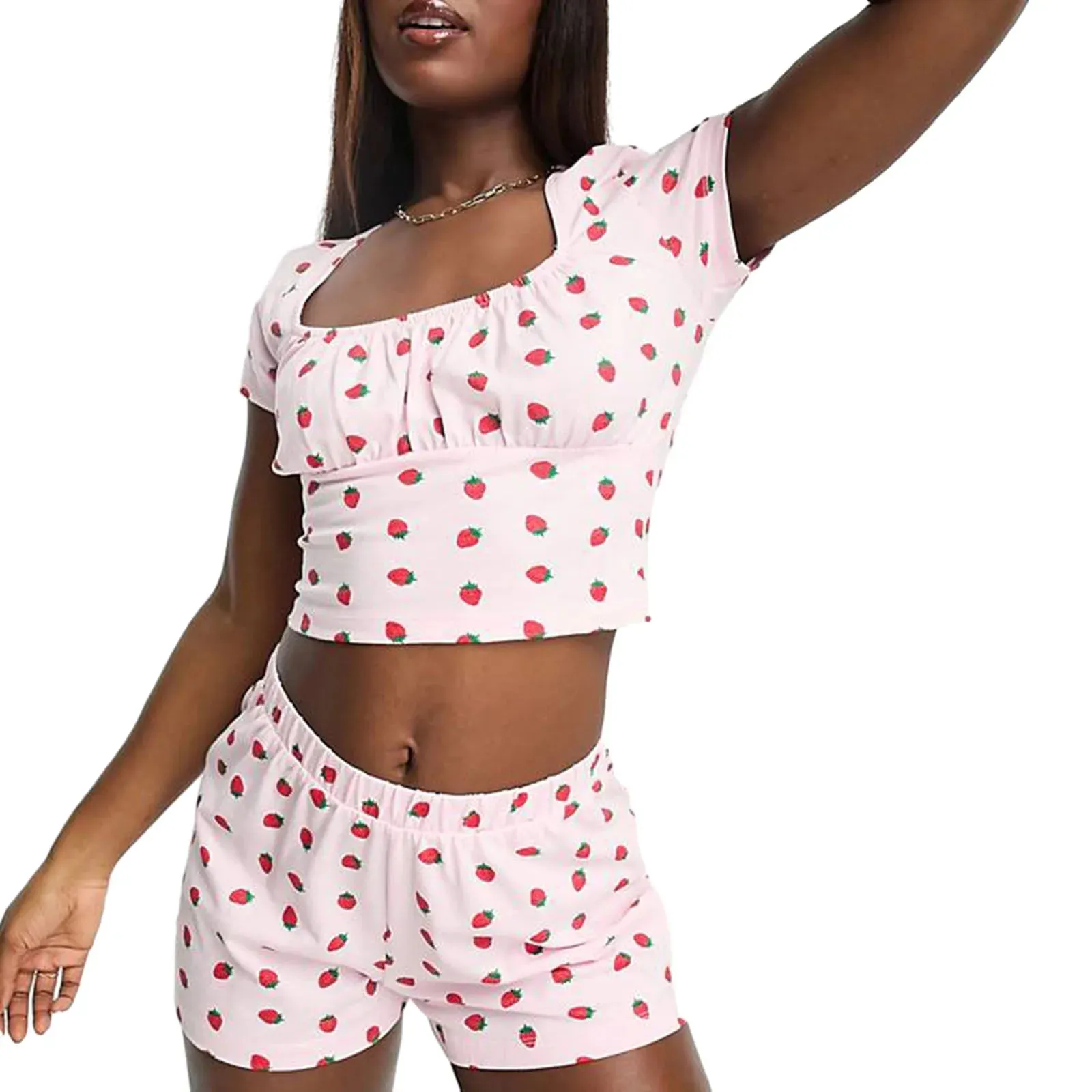 Print Short Sleeve Square Neck T-shirt Shorts Loungewear Strawberry Pajamas