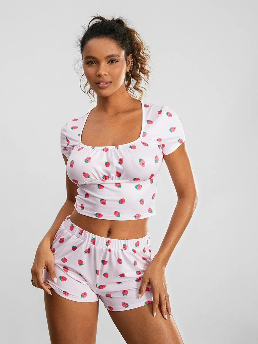 Print Short Sleeve Square Neck T-shirt Shorts Loungewear Strawberry Pajamas