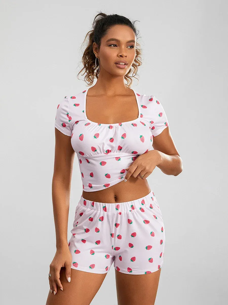 Print Short Sleeve Square Neck T-shirt Shorts Loungewear Strawberry Pajamas