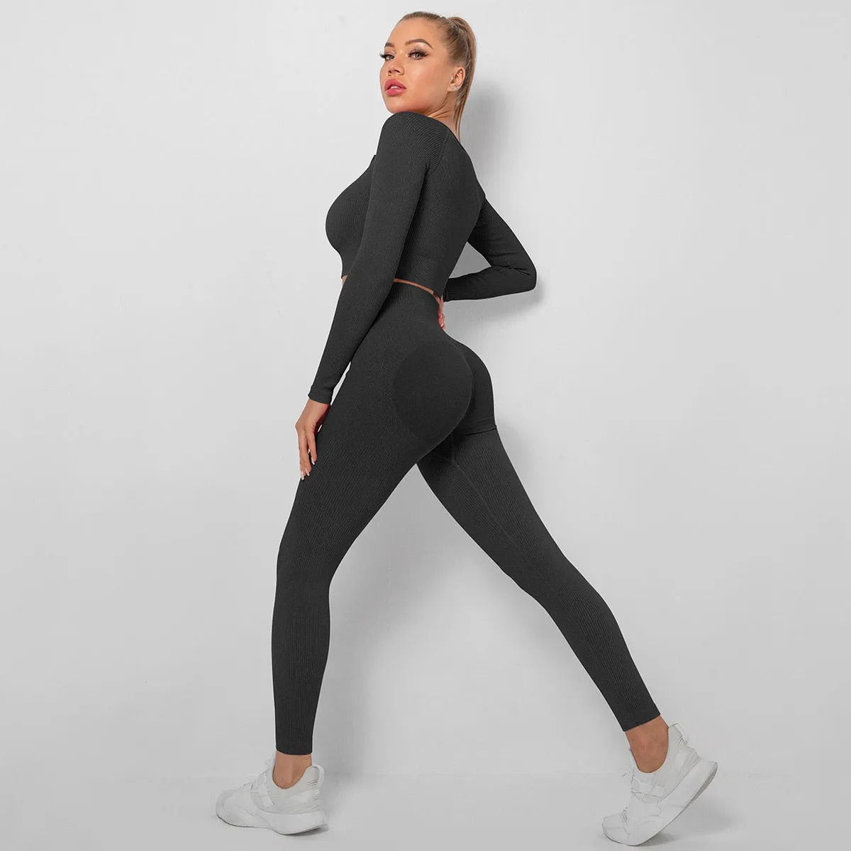 Seamless Two-piece sets Long Sleeve Anti-Shrink High Waist Yoga Tracksuits Hip Pants Female Ensemble Sport Cycling Wear