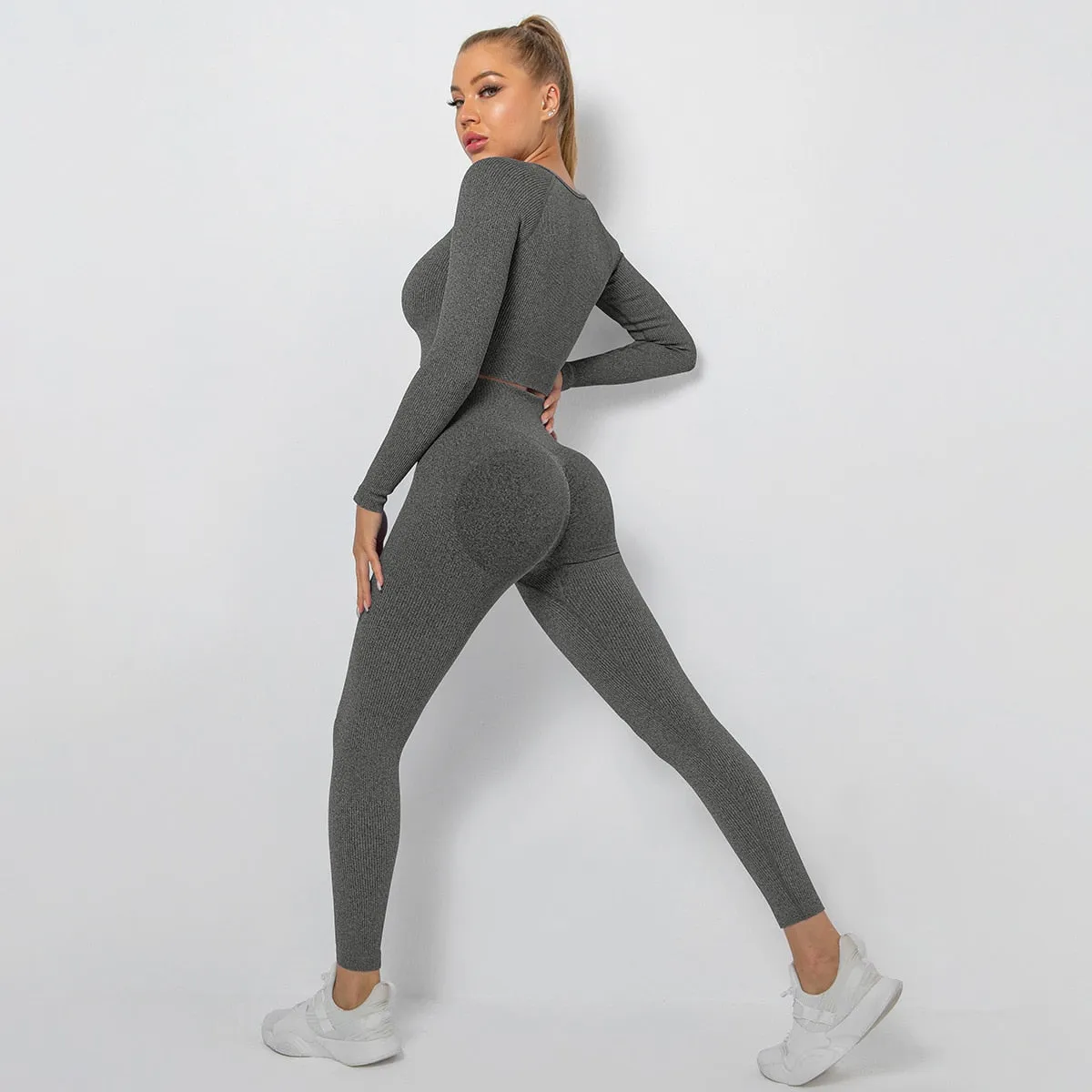 Seamless Two-piece sets Long Sleeve Anti-Shrink High Waist Yoga Tracksuits Hip Pants Female Ensemble Sport Cycling Wear