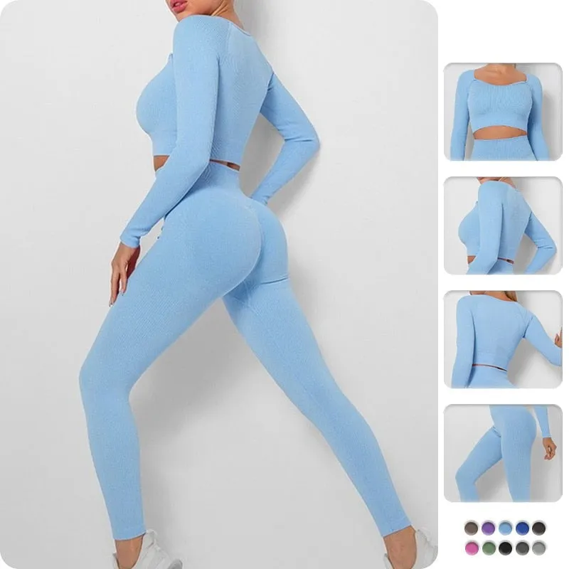 Seamless Two-piece sets Long Sleeve Anti-Shrink High Waist Yoga Tracksuits Hip Pants Female Ensemble Sport Cycling Wear