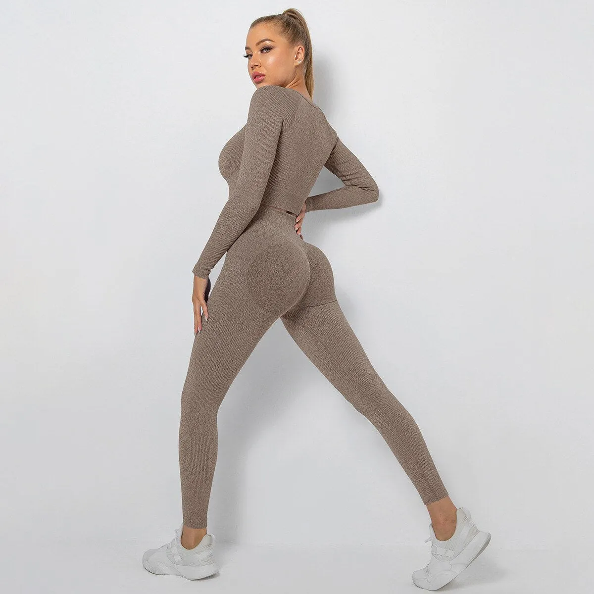 Seamless Two-piece sets Long Sleeve Anti-Shrink High Waist Yoga Tracksuits Hip Pants Female Ensemble Sport Cycling Wear