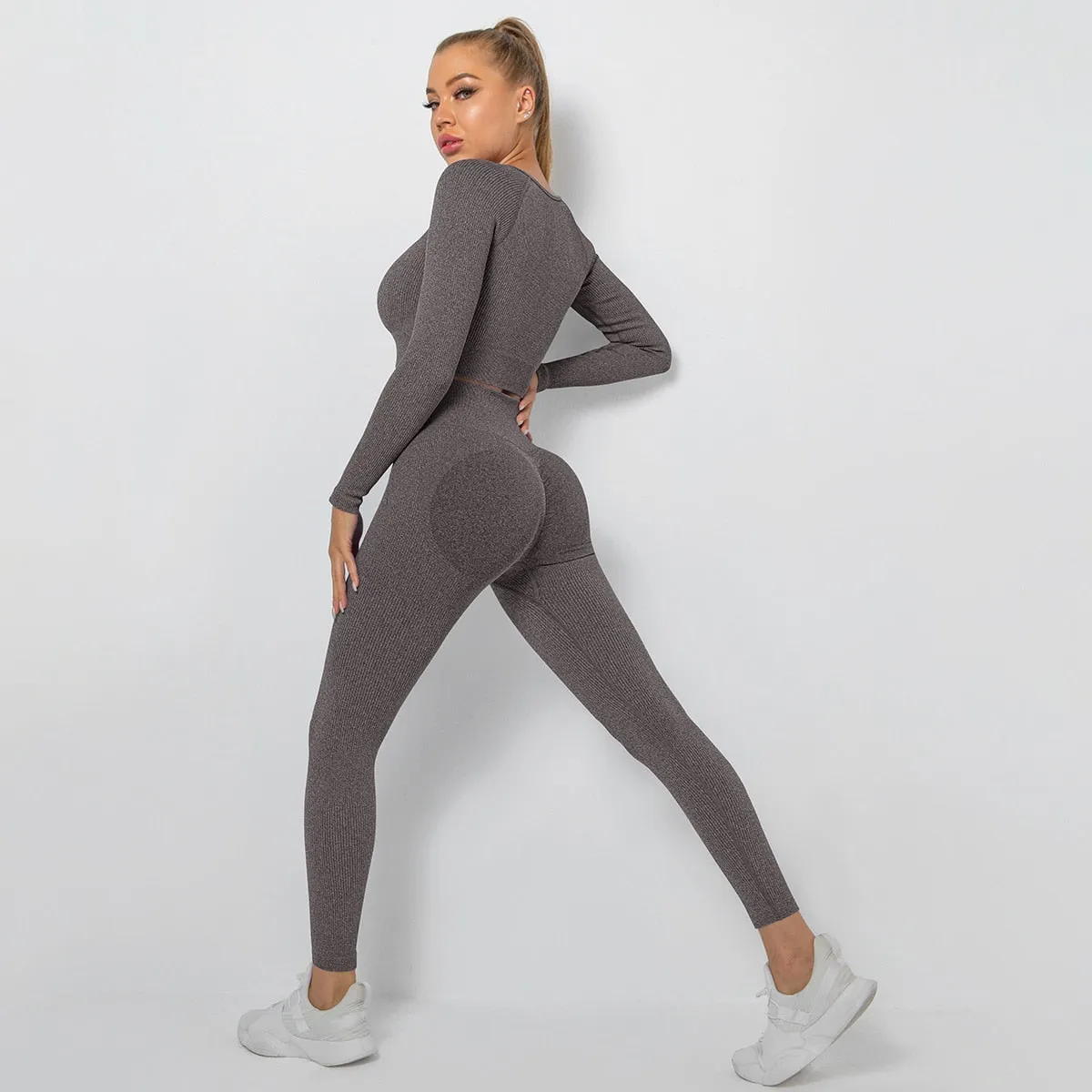 Seamless Two-piece sets Long Sleeve Anti-Shrink High Waist Yoga Tracksuits Hip Pants Female Ensemble Sport Cycling Wear