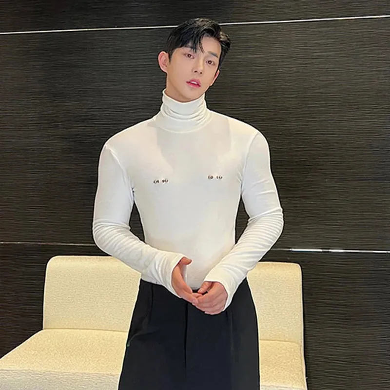 Slim Male Long Sleeve T-shirts Autumn New Versatile Detachable Breastpin Fashion Niche Design Korean Underlay Tops 9C1590