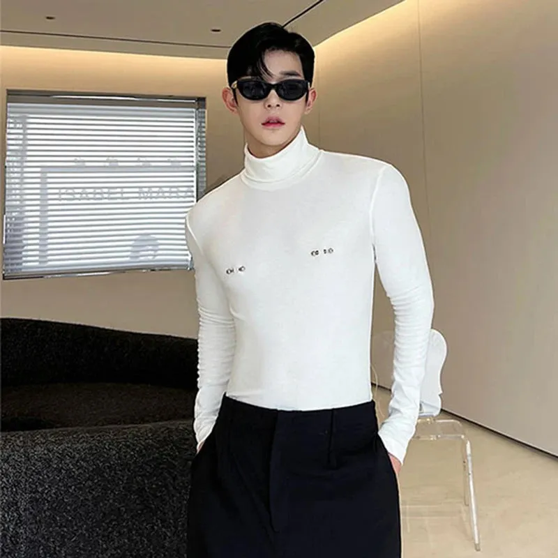 Slim Male Long Sleeve T-shirts Autumn New Versatile Detachable Breastpin Fashion Niche Design Korean Underlay Tops 9C1590