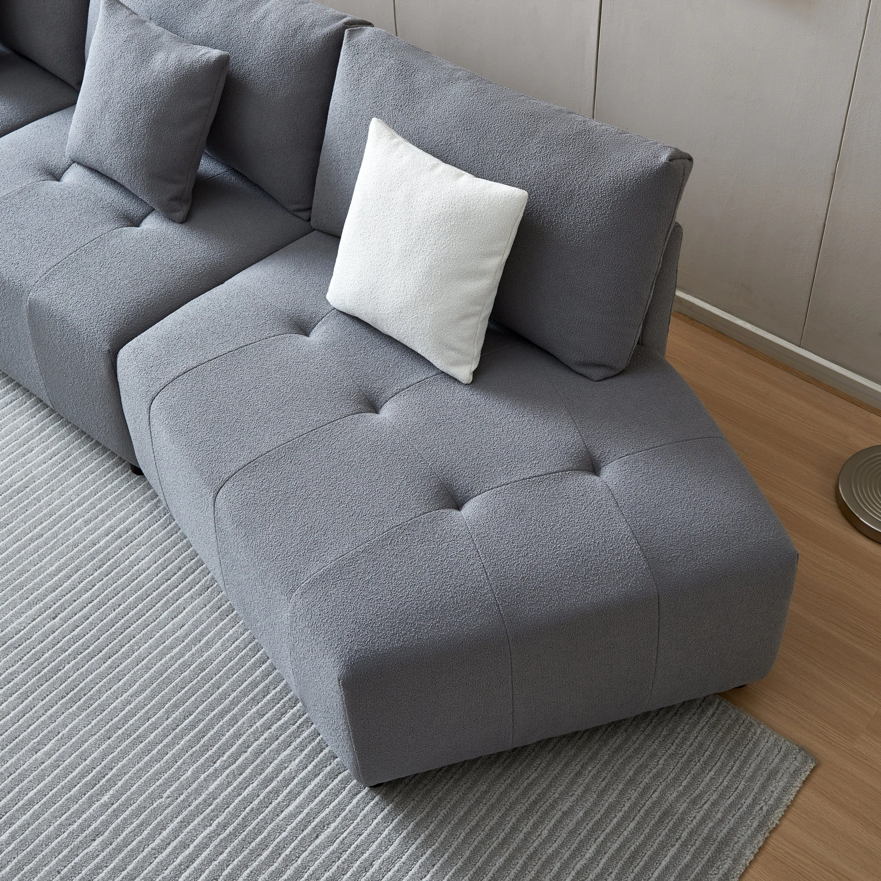 Snug Charm: 120'' Gray Teddy Fabric Modular Sectional Sofa for Comfy