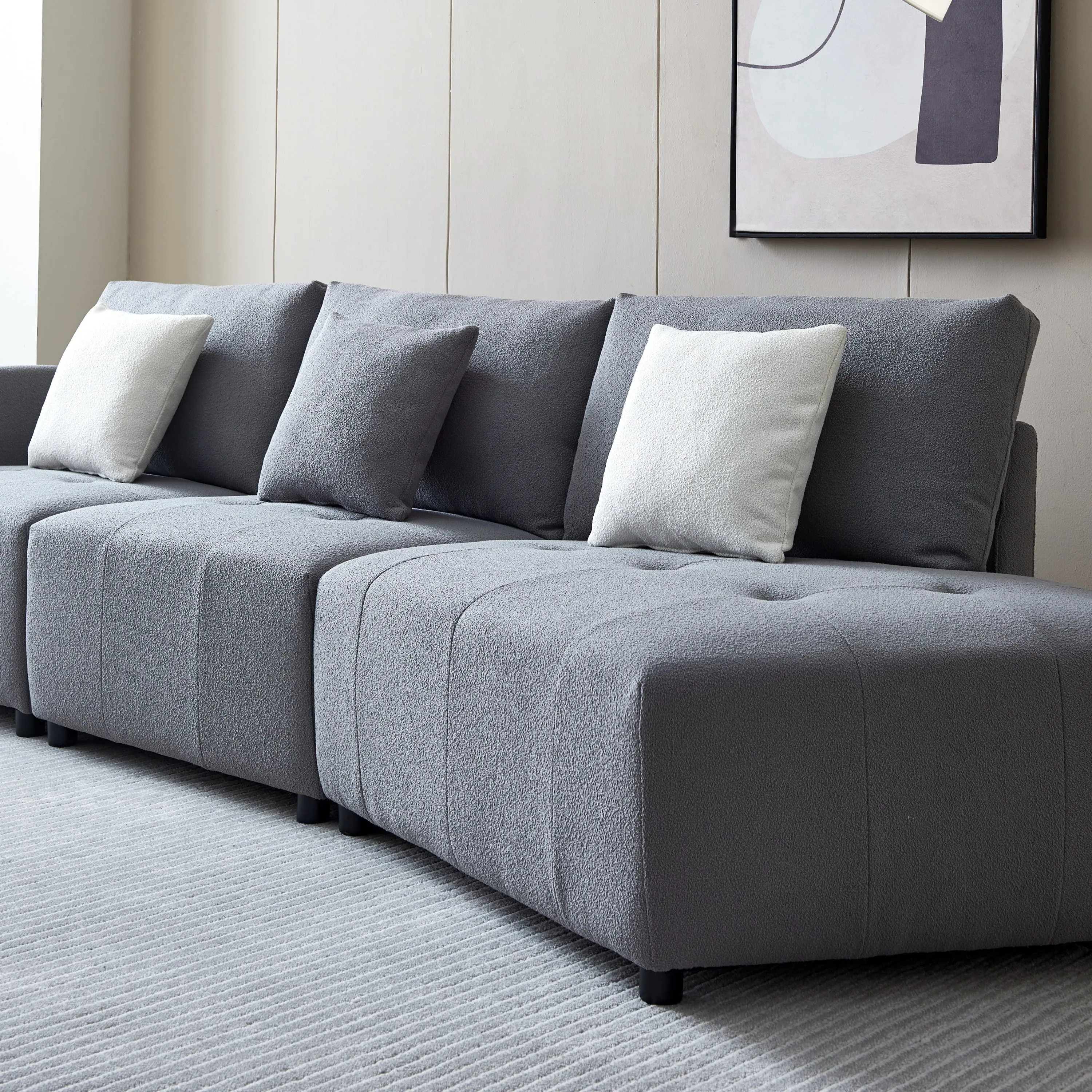 Snug Charm: 120'' Gray Teddy Fabric Modular Sectional Sofa for Comfy