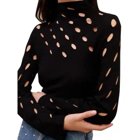 Solid Hollow Out Slimming Knitting Sweaters For Women Stand Collar Long Sleeve Sexy Pullover Sweater Female