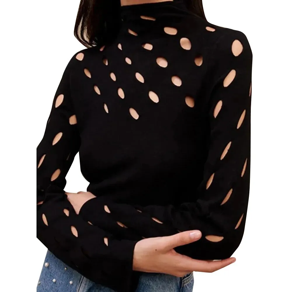 Solid Hollow Out Slimming Knitting Sweaters For Women Stand Collar Long Sleeve Sexy Pullover Sweater Female