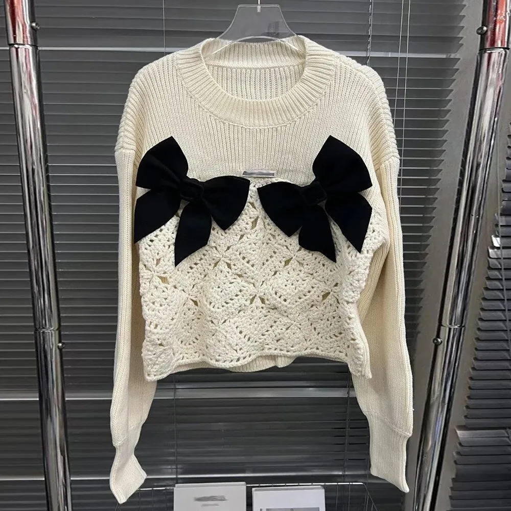 Solid Patchwork Bow Knitting Sweaters For Women Round Neck Long Sleeve Hollow Out Sweater Female Fashion Clothes