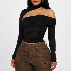 Streetwear Halter Turtleneck Sexy T shirt Women Autumn Crop Tops Fitness Basic Cut Out Asymmetrical Tees Party Club