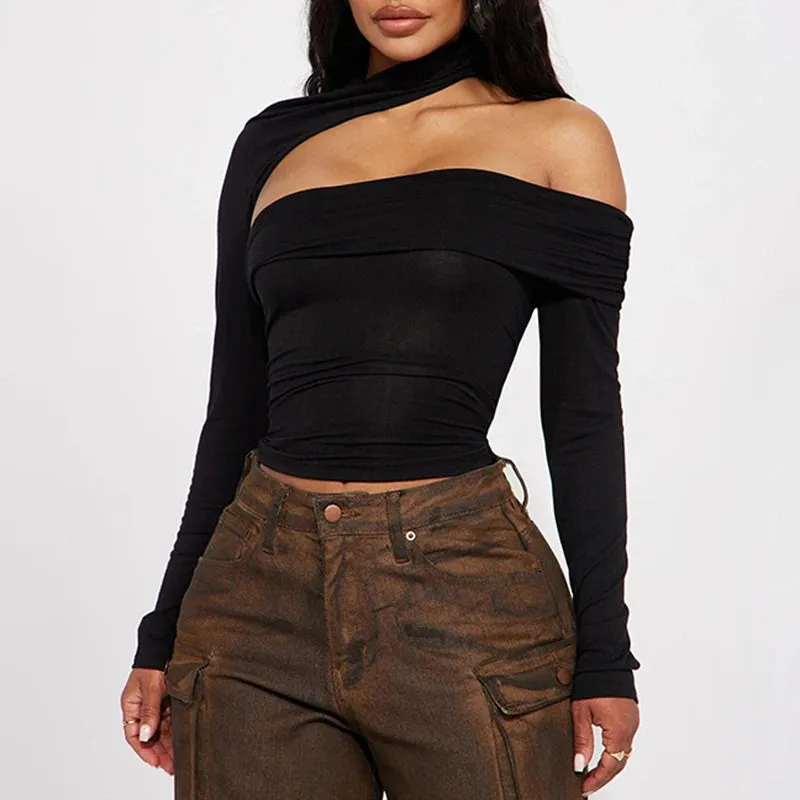 Streetwear Halter Turtleneck Sexy T shirt Women Autumn Crop Tops Fitness Basic Cut Out Asymmetrical Tees Party Club