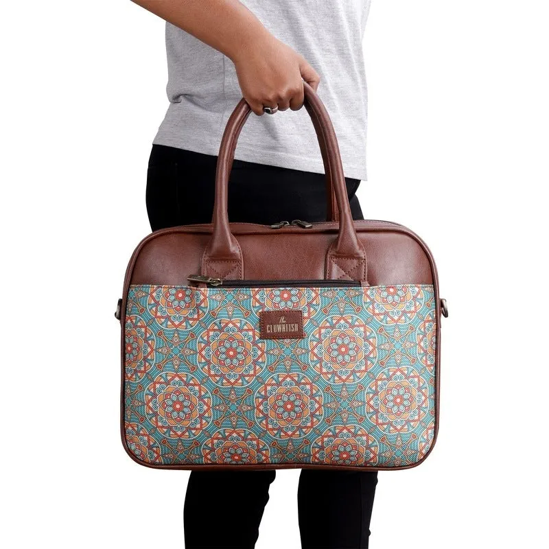 THE CLOWNFISH Deborah series 15.6 inch Laptop Bag For Women Printed Handicraft Fabric & Faux Leather Office Bag Briefcase Messenger Sling Handbag Business Bag (Light Green-Geometric Design)