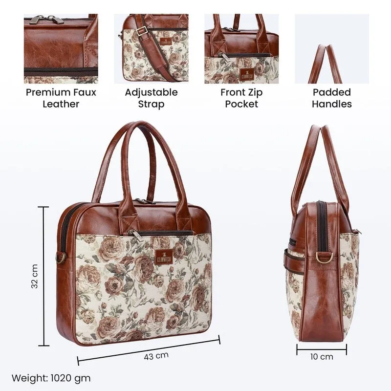 THE CLOWNFISH Deborah series 15.6 inch Laptop Bag For Women Tapestry Fabric & Faux Leather Office Bag Briefcase Messenger Sling Handbag Business Bag (Brown-Floral)