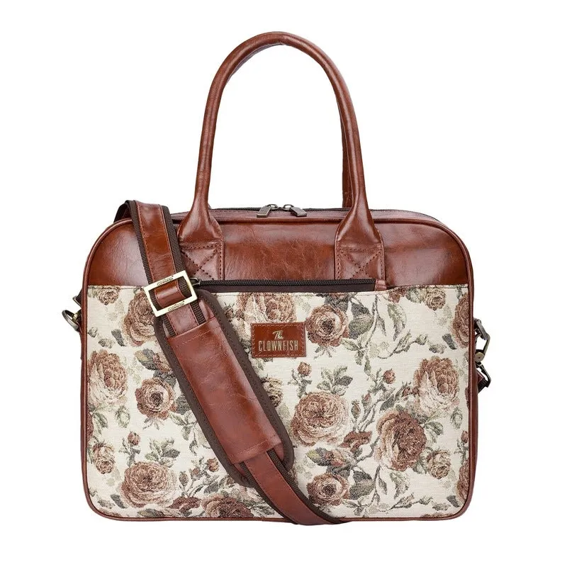 THE CLOWNFISH Deborah series 15.6 inch Laptop Bag For Women Tapestry Fabric & Faux Leather Office Bag Briefcase Messenger Sling Handbag Business Bag (Brown-Floral)