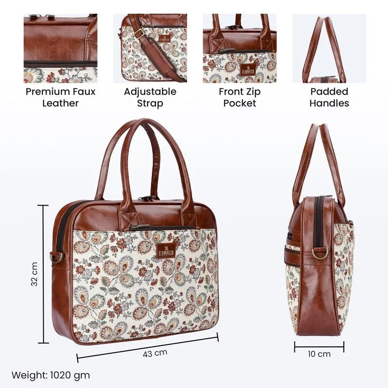 THE CLOWNFISH Deborah series 15.6 inch Laptop Bag For Women Tapestry Fabric & Faux Leather Office Bag Briefcase Messenger Sling Handbag Business Bag (Dark Brown-Floral)