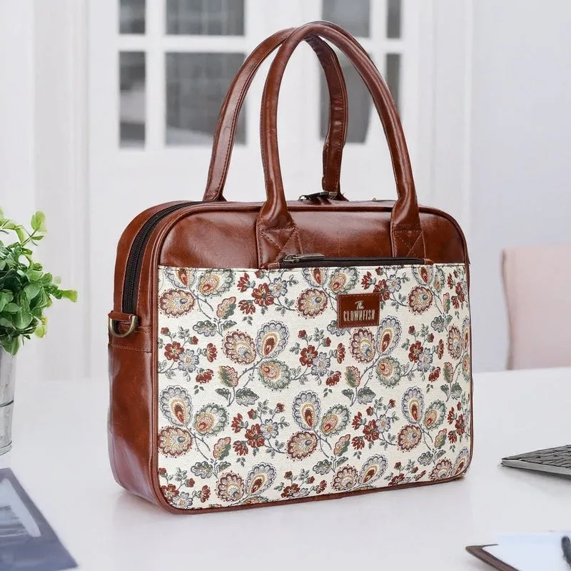 THE CLOWNFISH Deborah series 15.6 inch Laptop Bag For Women Tapestry Fabric & Faux Leather Office Bag Briefcase Messenger Sling Handbag Business Bag (Dark Brown-Floral)