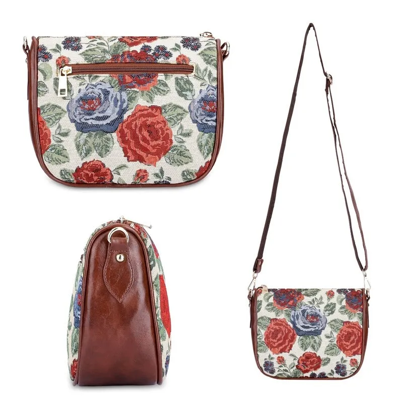 THE CLOWNFISH Garnet Series Tapestry Fabric Crossbody Sling Bag for Women Ladies Single Shoulder Bag Shoulder Belt (Red-Floral)