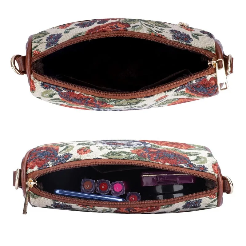 THE CLOWNFISH Garnet Series Tapestry Fabric Crossbody Sling Bag for Women Ladies Single Shoulder Bag Shoulder Belt (Red-Floral)