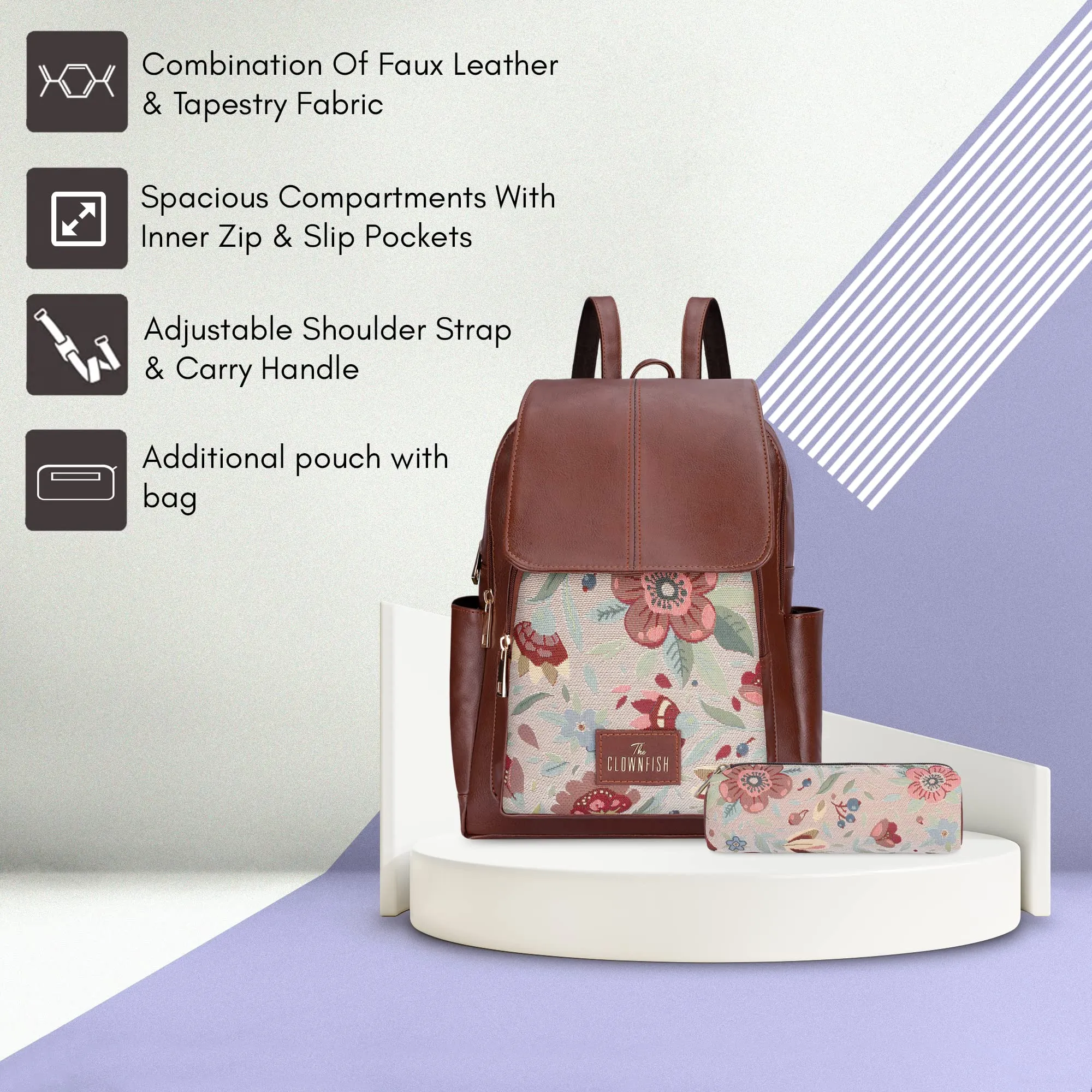 THE CLOWNFISH Medium Size Combo Of Minerva Faux Leather & Tapestry Standard Backpack College School Bag Casual Travel For Women & Expert Series Pencil Pouch Pen Case (Sky Blue-Floral) 10 Litre