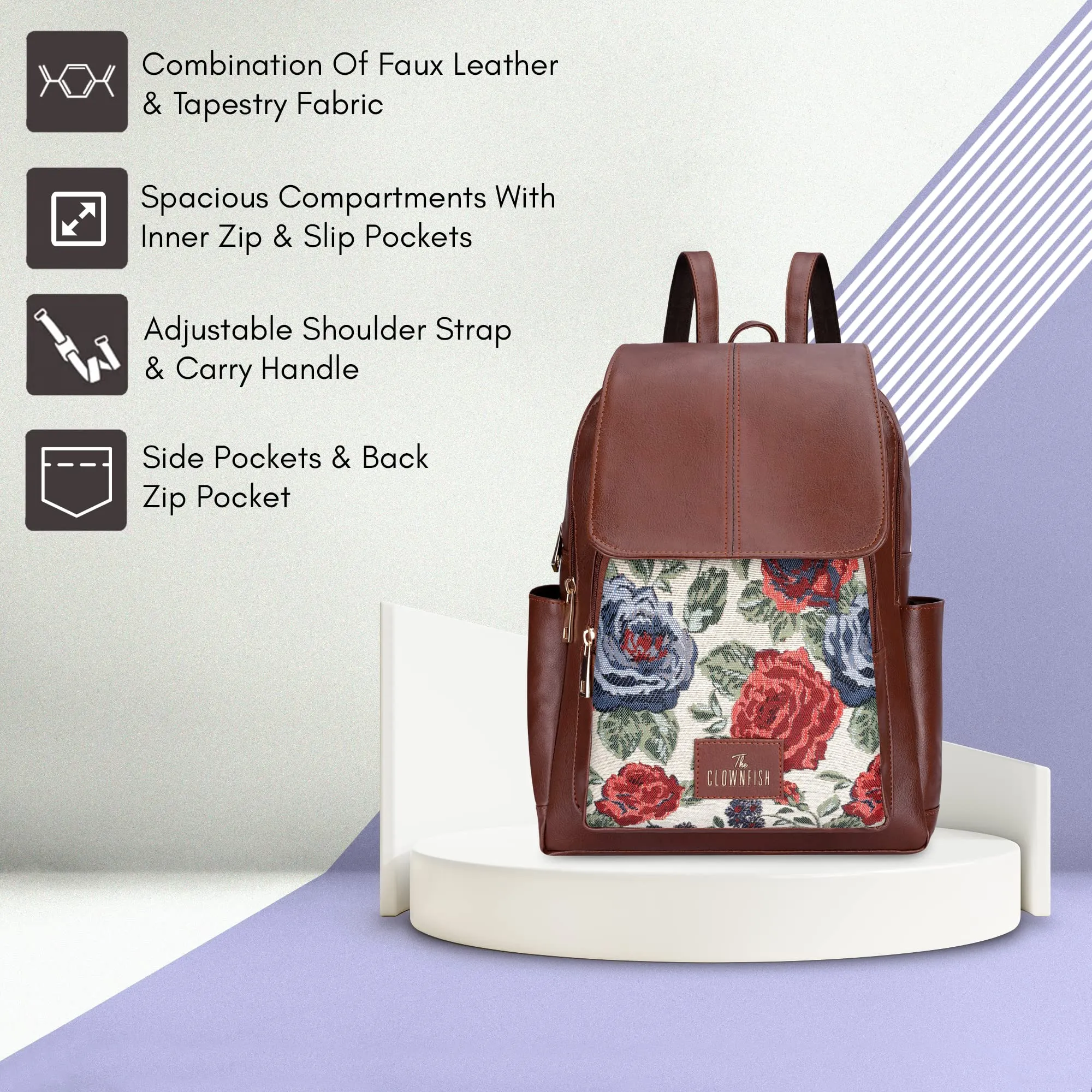 THE CLOWNFISH Medium Size Minerva Faux Leather & Tapestry Women's Standard Backpack College School Bag Casual Travel Standard Backpack For Ladies Girls (Red- Floral), 10 Litre