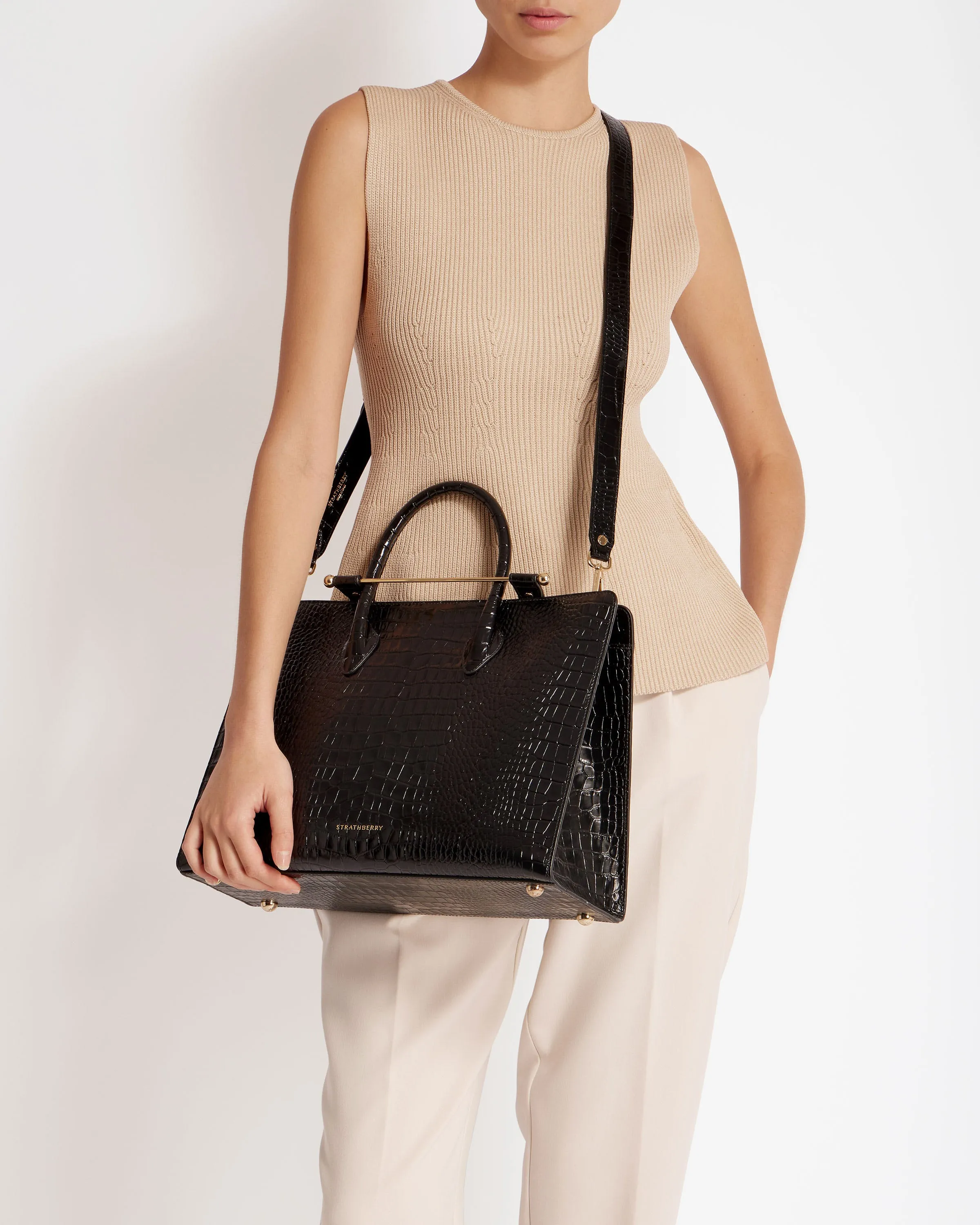 The Strathberry Tote - Croc-Embossed Leather Black