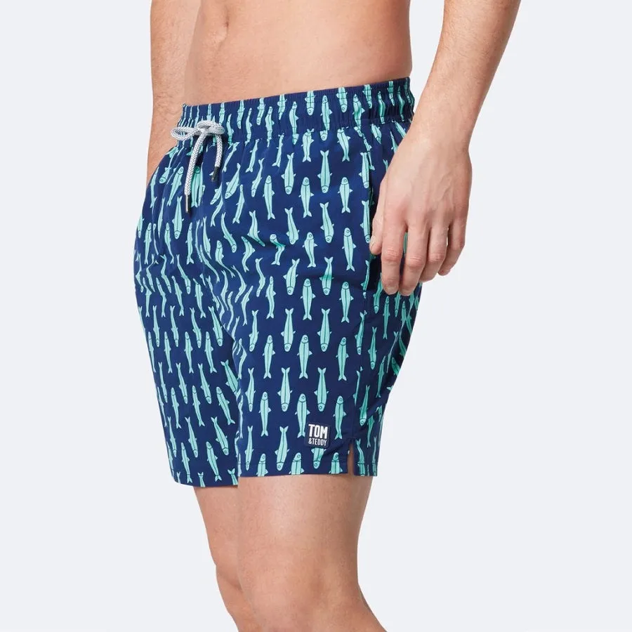 Tom & Teddy Sardines Mens Swim Shorts SARIG - Ink Blue/ Green