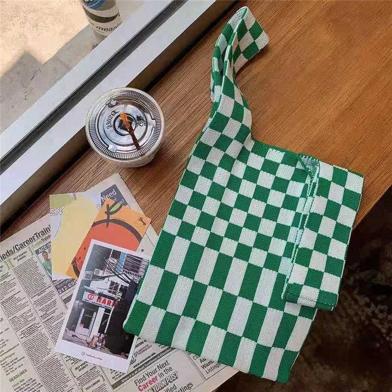 Trendy Color-Block Striped Checkered Knit Shopping Bag