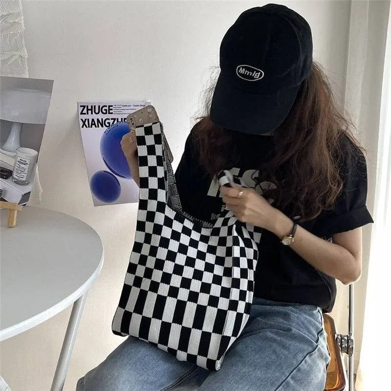 Trendy Color-Block Striped Checkered Knit Shopping Bag