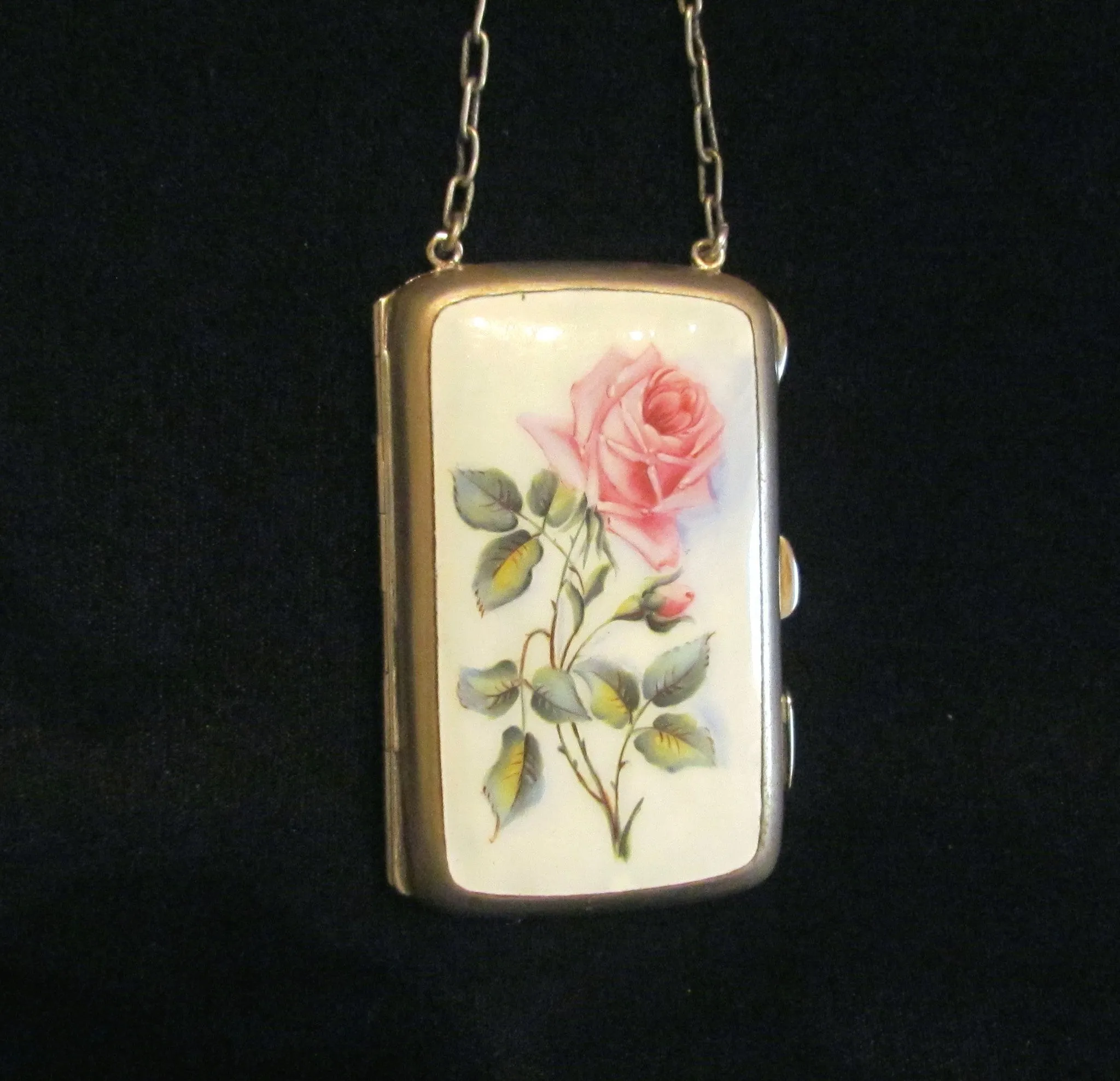 Victorian Floral Enamel Dance Purse EP Silver Compact Card Case Early 1900's