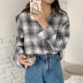 Vintage Plaid Women Shirt Autumn Large Size Long Sleeve Oversize Shirts Casual Loose Fall Korean Button Up Tops