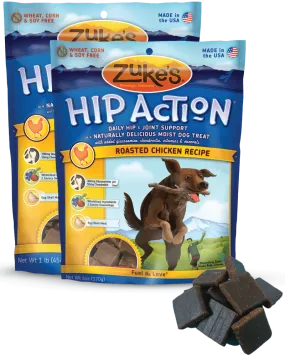 Zuke's Hip Action Dog Treats with Glucosamine & Chondroitin; available in 2 flavours, and 2 sizes.